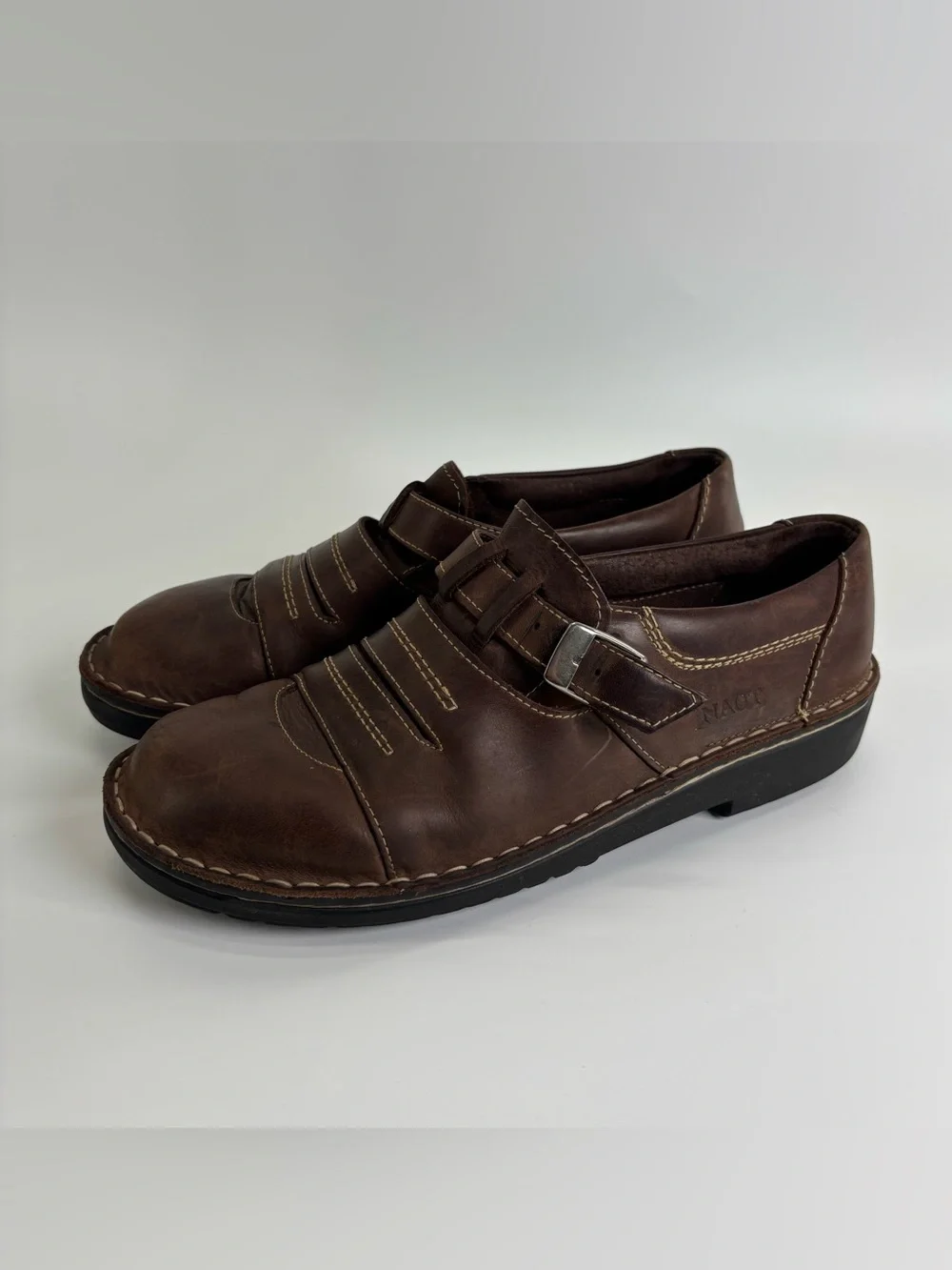 Naot brown leather comfort loafers 42 monk strap buckle chunky 90s grunge